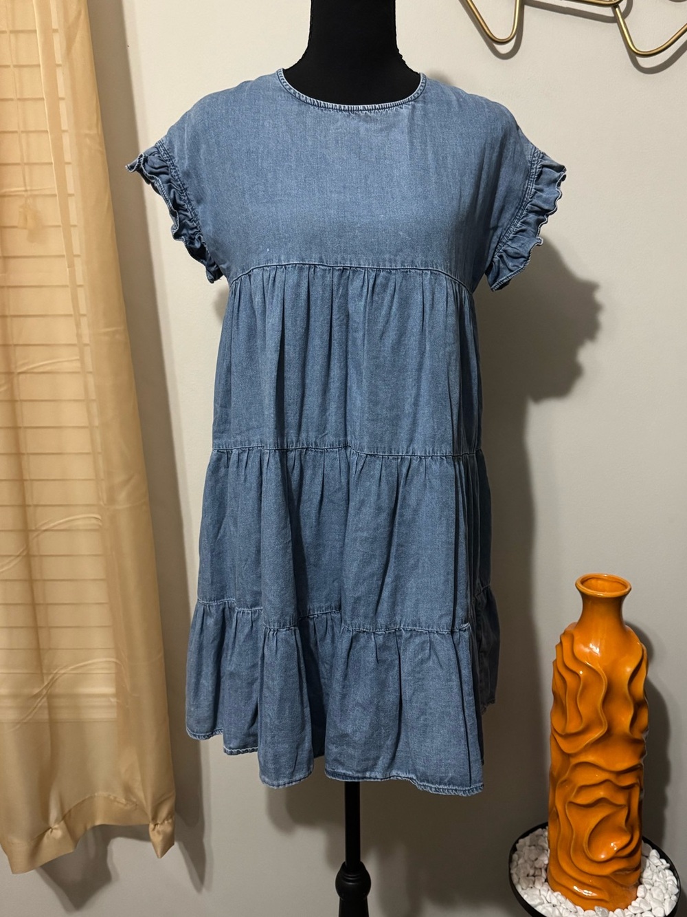 Women’s Blue Denim Tiered Ruffle Sleeve Dress